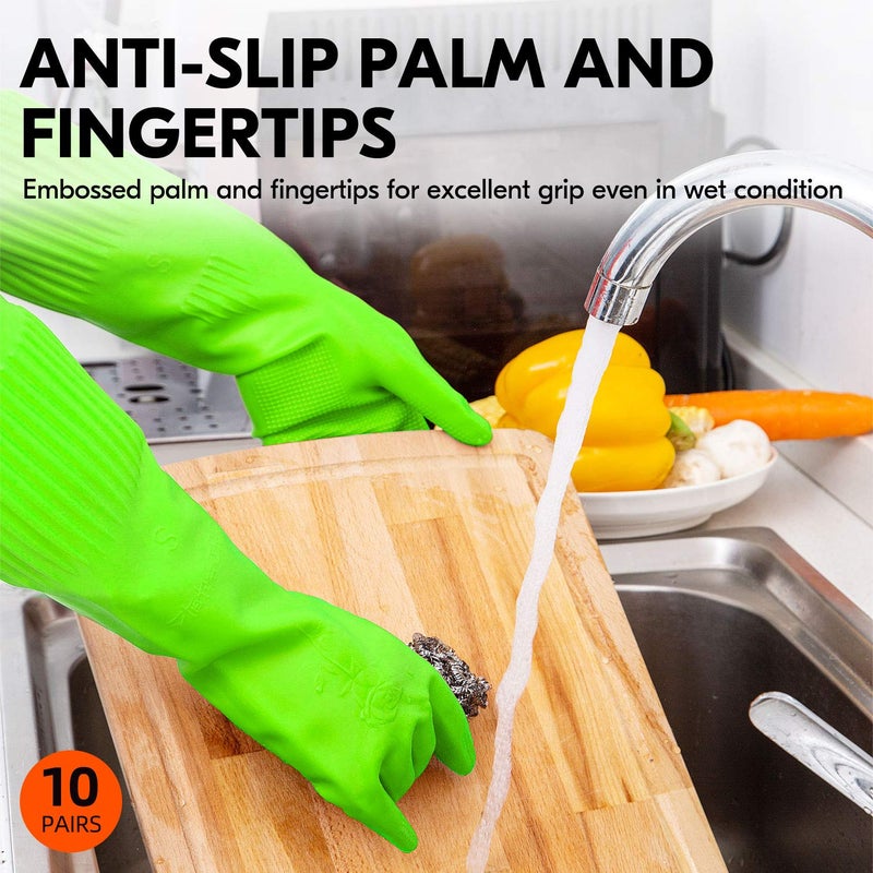 Vgo... 10-Pairs Reusable Long Sleeve Thick Latex Dishwashing Gloves - Cleaning, Washing, Working, Painting, Gardening, Pet Care (Size M, Green, RB2143) - Image 4